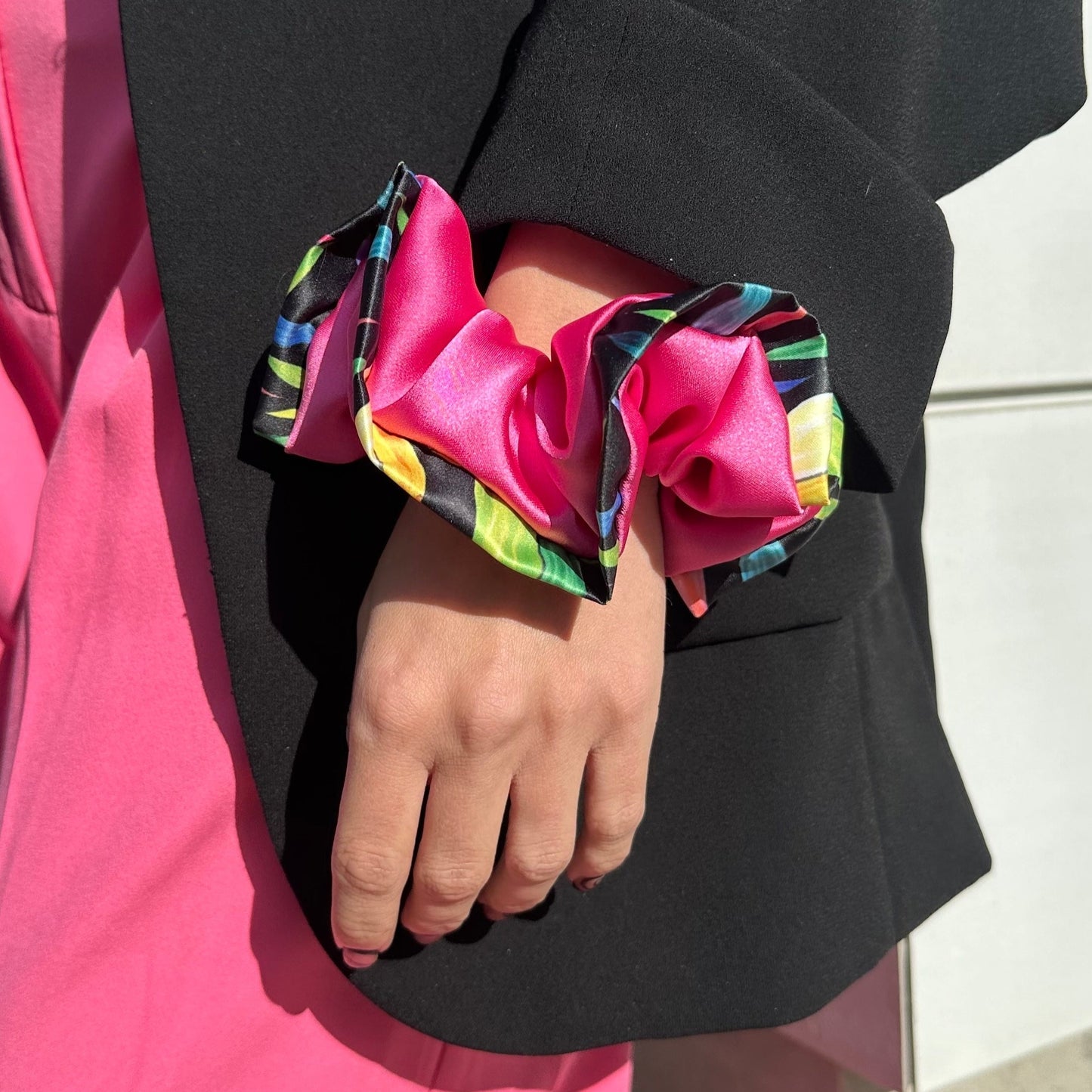 Medium Size Fuchsia & Flowers Scrunchie