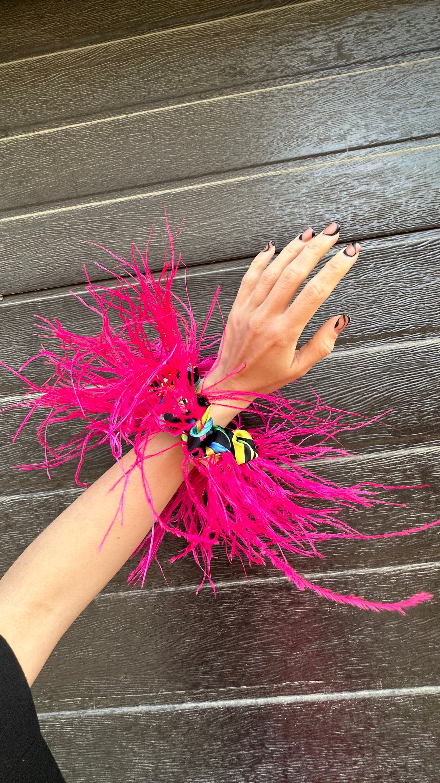 Colourful Flowers Scrunchie with Fuchsia Feathers