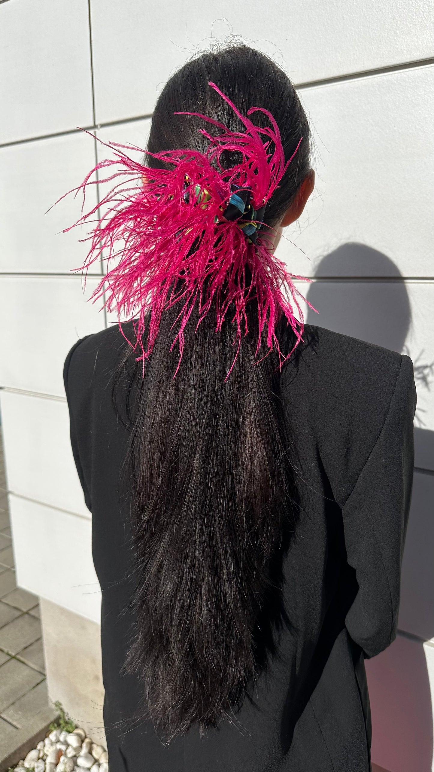 Colourful Flowers Scrunchie with Fuchsia Feathers