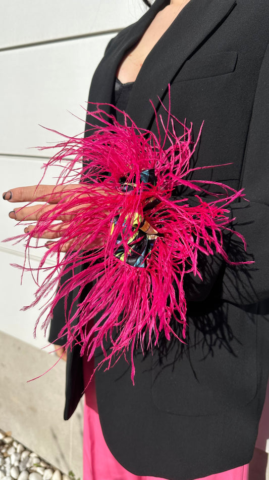 Colourful Flowers Scrunchie with Fuchsia Feathers