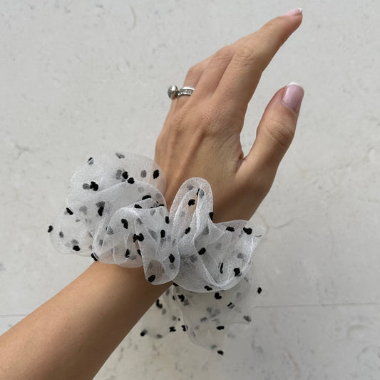 White Organza with Black Dots Scrunchie