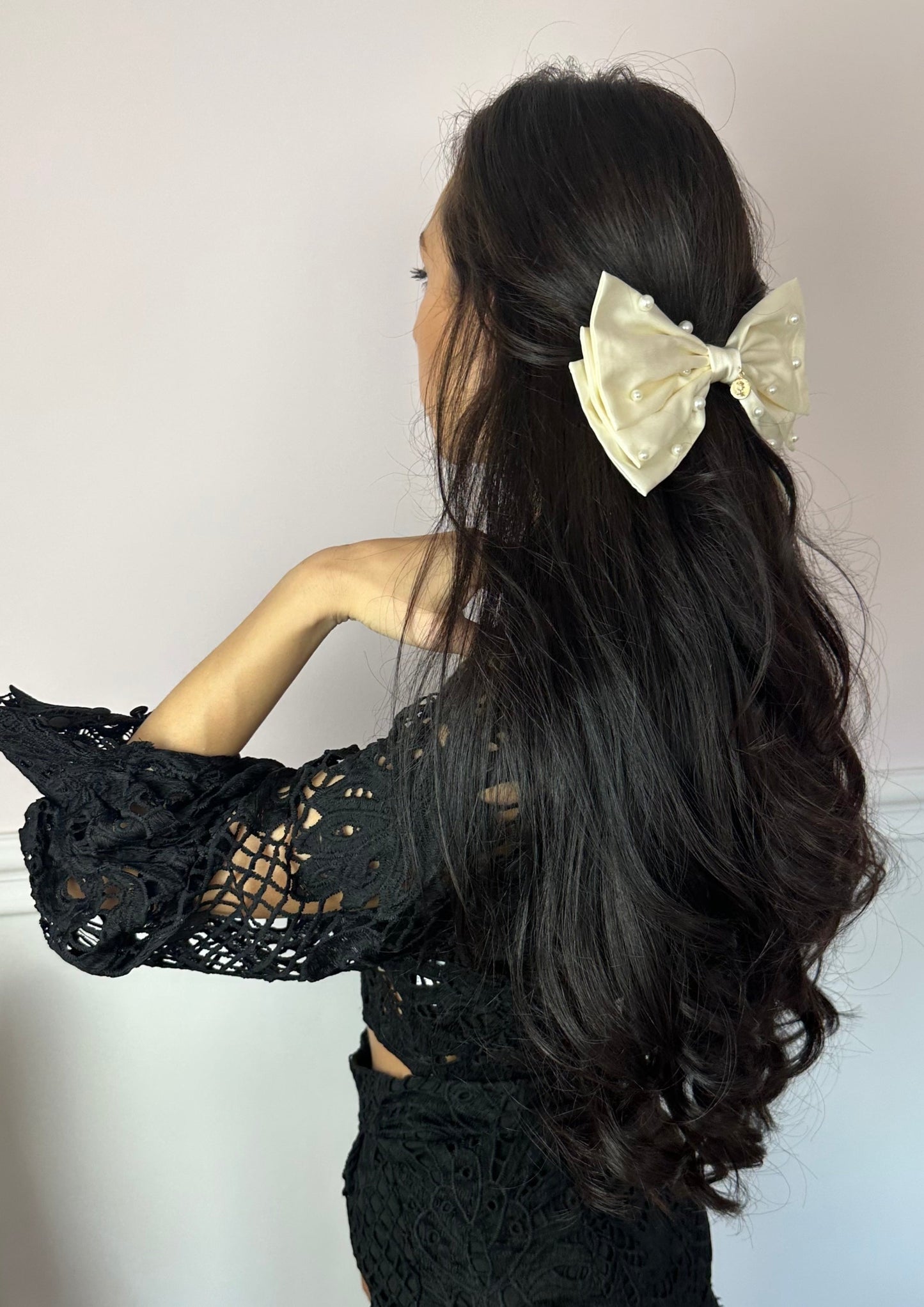 Handmade Ecru Satin Bow with Pearls