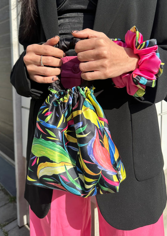 Handmade Colourful Flowers Silk Satin Scrunchie Bag